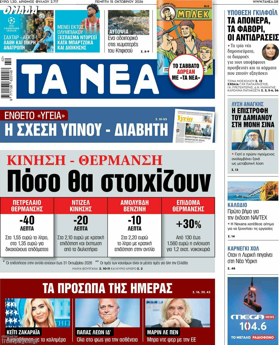 Πρωτοσέλιδο Τα Νέα – 15 Οκτωβρίου 2026: Πόσο θα στοιχίζουν