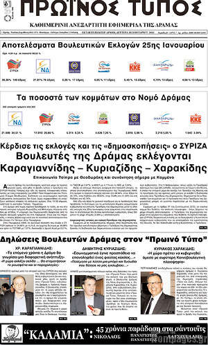 Πρωτοσέλιδο Πρωινός Τύπος Δράμας
