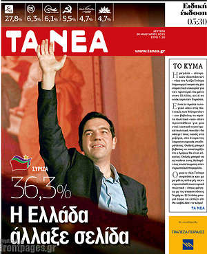 Πρωτοσέλιδο εφημερίδας Τα Νέα - protoselida