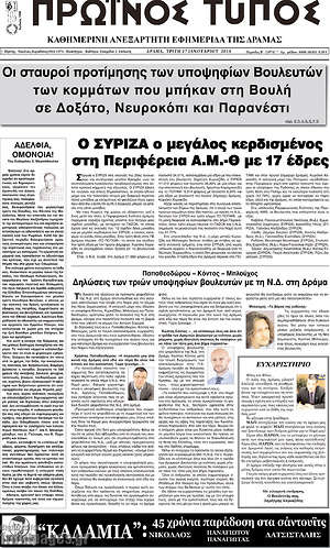 Πρωτοσέλιδο Πρωινός Τύπος Δράμας
