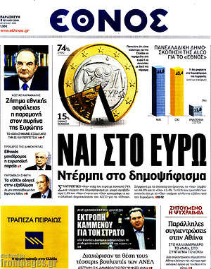 Έθνος: Ναι στο ευρώ. Ντέρμπι στο δημοψήφισμα