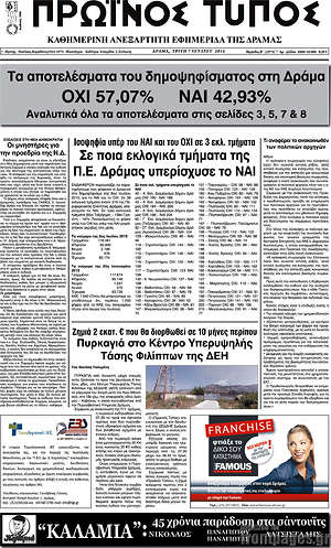 Πρωτοσέλιδο Πρωινός Τύπος Δράμας