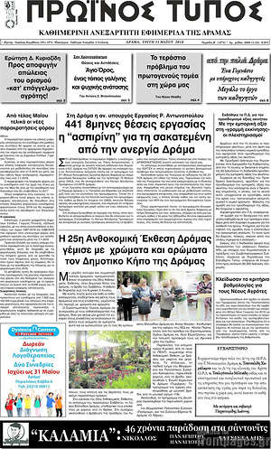 Πρωτοσέλιδο Πρωινός Τύπος Δράμας