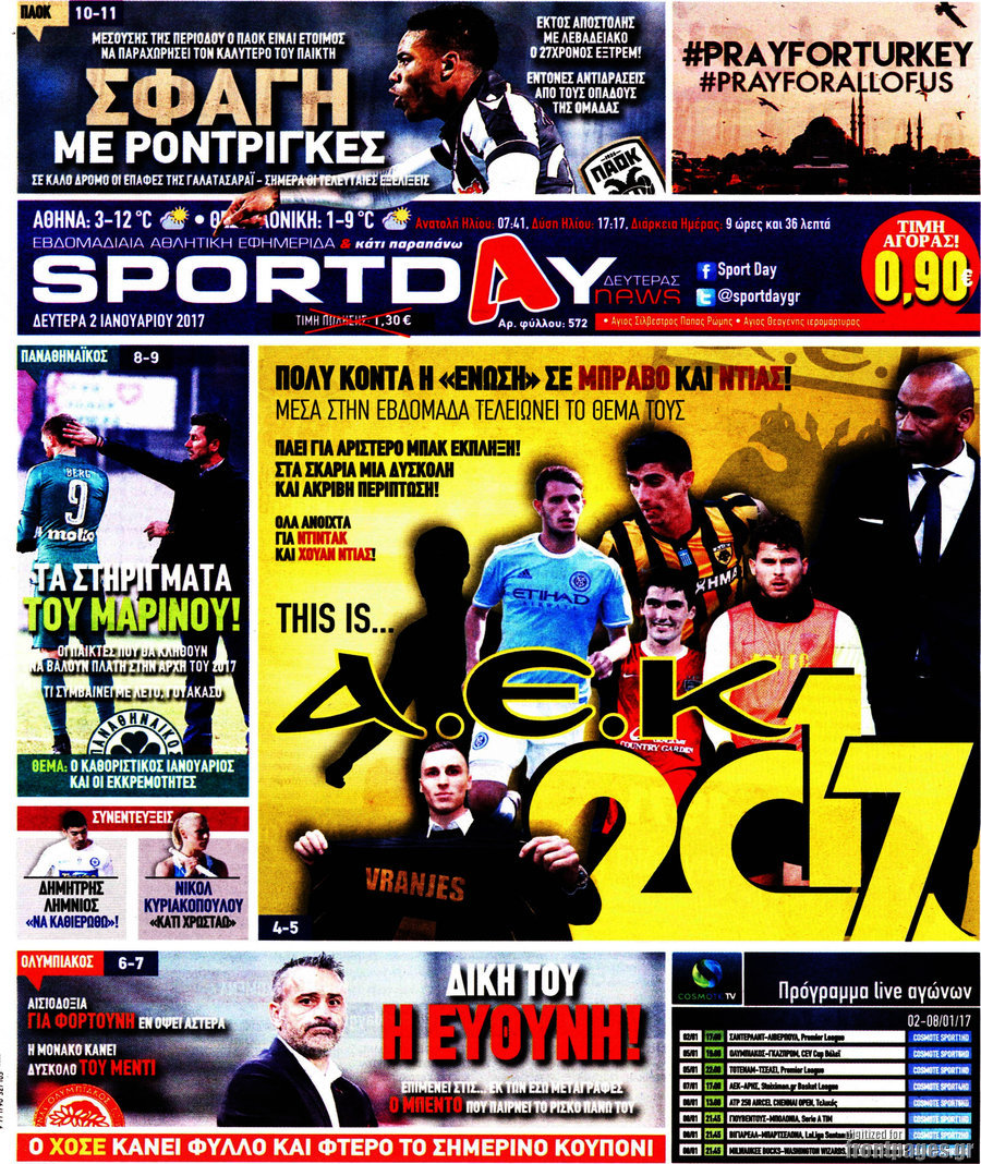 Πρωτοσέλιδο - Εφημερίδα Sport Day - 2/1/2017