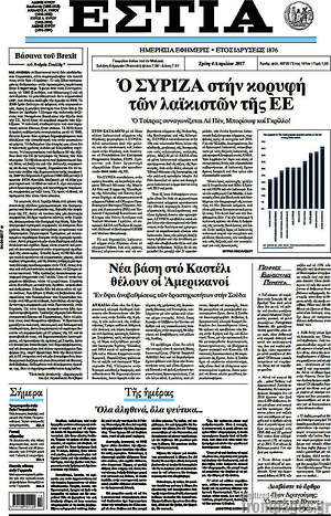 Πρωτοσέλιδο εφημερίδας Εστία - protoselida