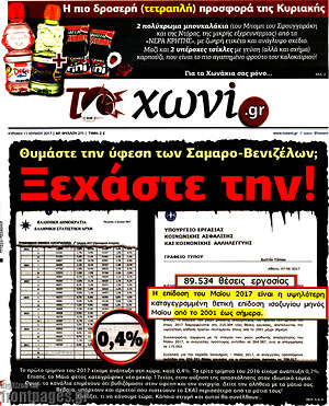 Πρωτοσέλιδο εφημερίδας Το Χωνί - protoselida