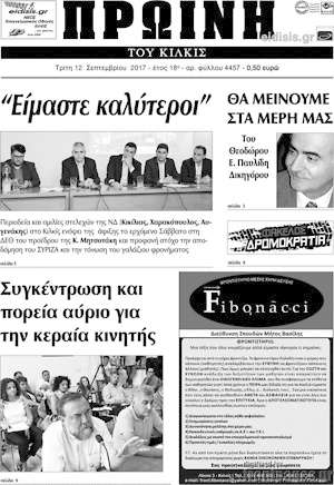 Πρωτοσέλιδο Πρωινή του Κιλκίς