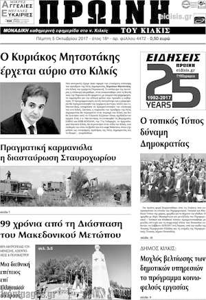 Πρωτοσέλιδο Πρωινή του Κιλκίς