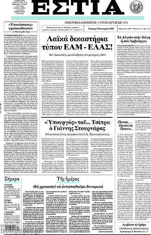 Πρωτοσέλιδο εφημερίδας Εστία - protoselida