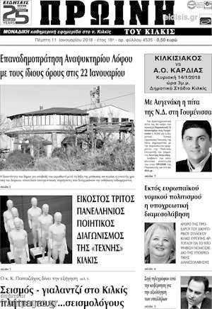 Πρωτοσέλιδο Πρωινή του Κιλκίς