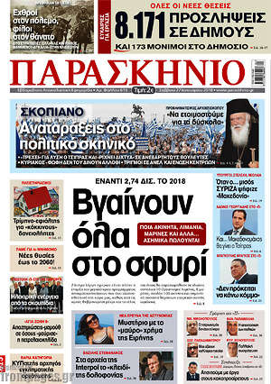 Πρωτοσέλιδο εφημερίδας Παρασκήνιο - protoselida