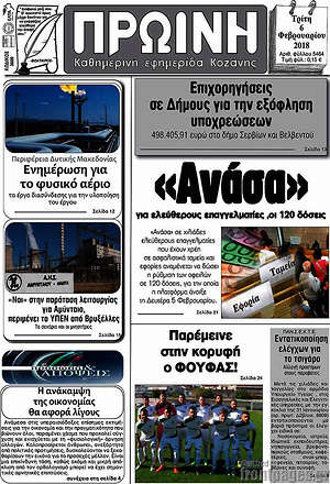 Πρωτοσέλιδο Πρωινή Κοζάνης