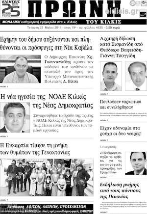 Πρωτοσέλιδο Πρωινή του Κιλκίς