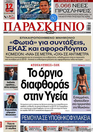 Πρωτοσέλιδο εφημερίδας Παρασκήνιο - protoselida