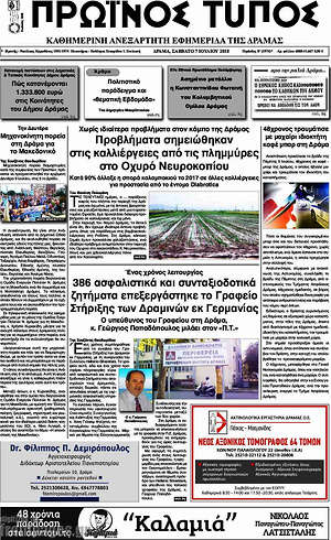 Πρωτοσέλιδο Πρωινός Τύπος Δράμας