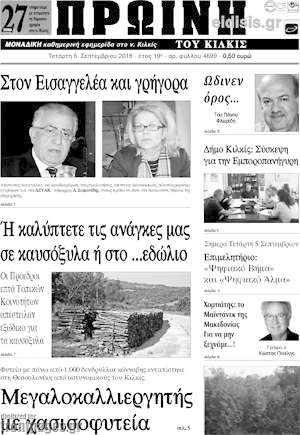 Πρωτοσέλιδο Πρωινή του Κιλκίς