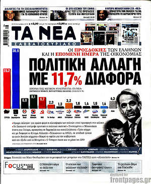 Τα Νέα: Πολιτική αλλαγή με 11,7% διαφορά