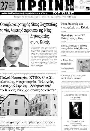 Πρωτοσέλιδο Πρωινή του Κιλκίς