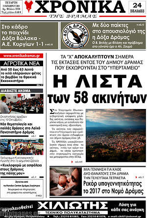 Πρωτοσέλιδο Χρονικά της Δράμας