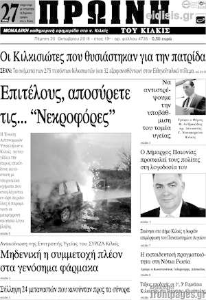 Πρωτοσέλιδο Πρωινή του Κιλκίς