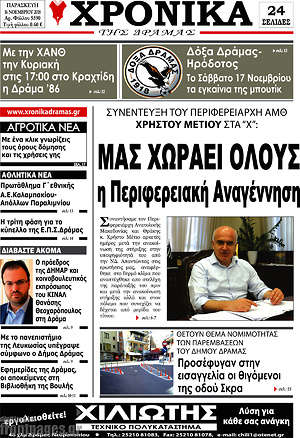Πρωτοσέλιδο Χρονικά της Δράμας