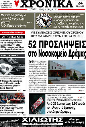 Πρωτοσέλιδο Χρονικά της Δράμας