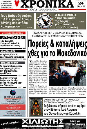 Πρωτοσέλιδο Χρονικά της Δράμας