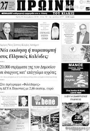 Πρωτοσέλιδο Πρωινή του Κιλκίς