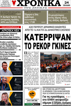 Πρωτοσέλιδο Χρονικά της Δράμας
