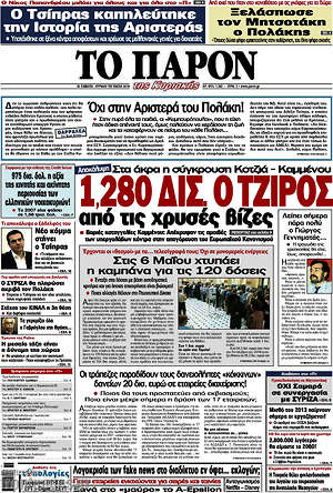 Πρωτοσέλιδο εφημερίδας Το Παρόν - protoselida