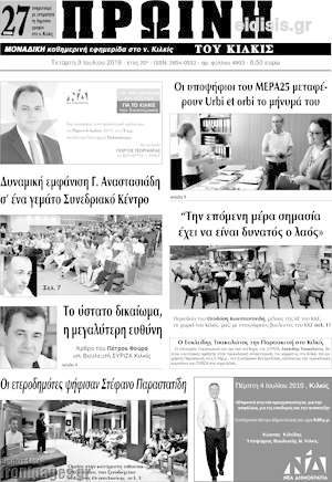 Πρωτοσέλιδο Πρωινή του Κιλκίς
