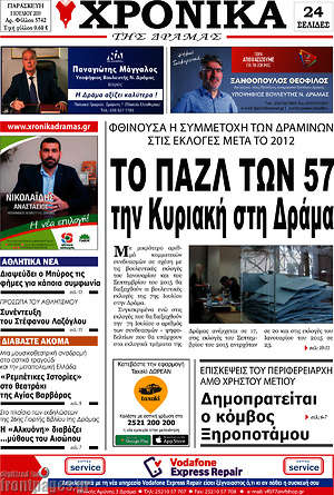 Πρωτοσέλιδο Χρονικά της Δράμας