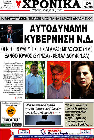Πρωτοσέλιδο Χρονικά της Δράμας