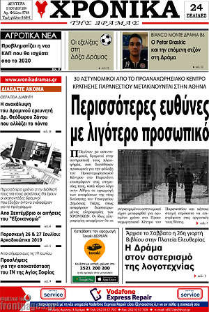 Πρωτοσέλιδο Χρονικά της Δράμας