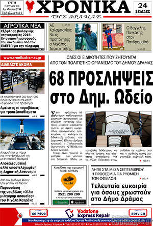 Πρωτοσέλιδο Χρονικά της Δράμας