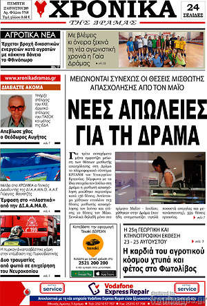 Πρωτοσέλιδο Χρονικά της Δράμας