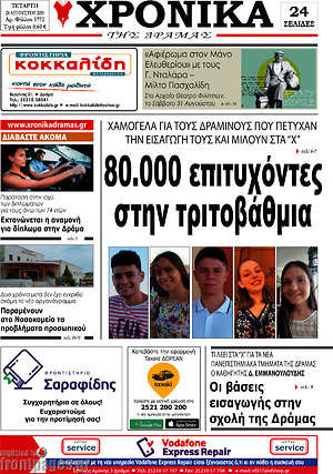 Πρωτοσέλιδο Χρονικά της Δράμας