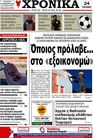 Πρωτοσέλιδο Χρονικά της Δράμας