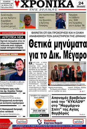 Πρωτοσέλιδο Χρονικά της Δράμας
