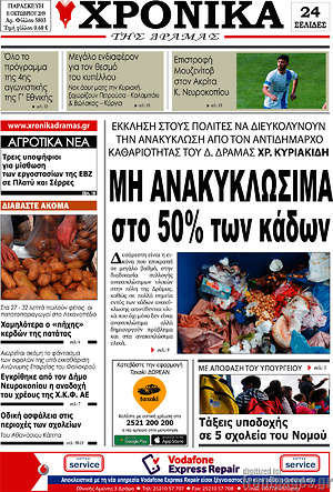 Πρωτοσέλιδο Χρονικά της Δράμας