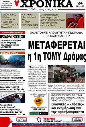 Πρωτοσέλιδο Χρονικά της Δράμας