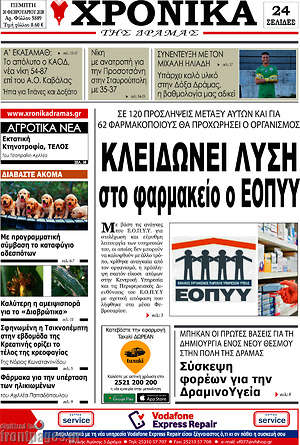 Πρωτοσέλιδο Χρονικά της Δράμας