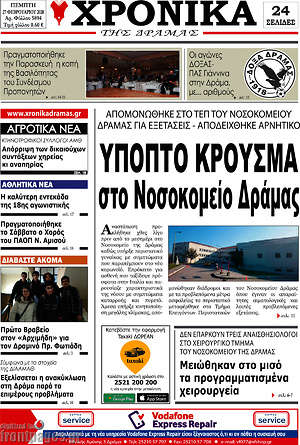 Πρωτοσέλιδο Χρονικά της Δράμας
