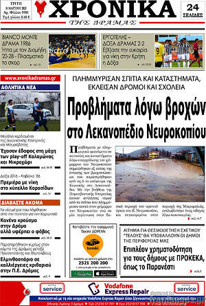 Πρωτοσέλιδο Χρονικά της Δράμας