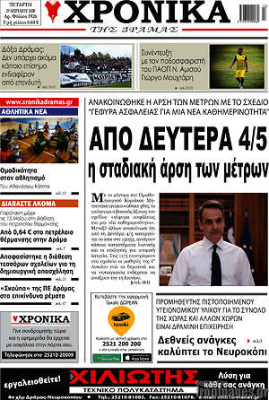 Πρωτοσέλιδο Χρονικά της Δράμας