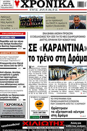 Πρωτοσέλιδο Χρονικά της Δράμας