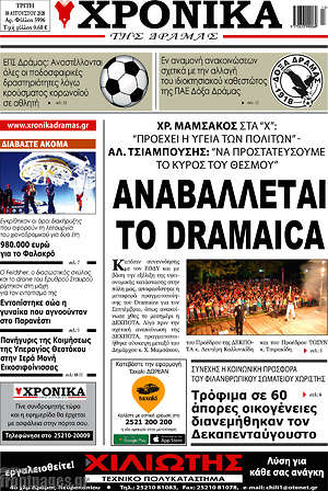 Πρωτοσέλιδο Χρονικά της Δράμας