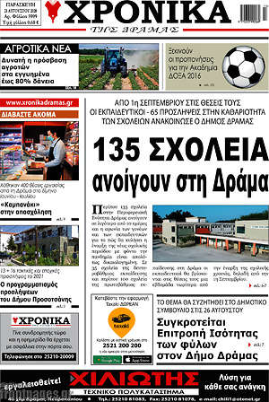 Πρωτοσέλιδο Χρονικά της Δράμας
