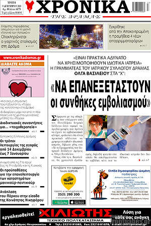 Πρωτοσέλιδο Χρονικά της Δράμας