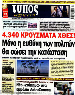 Πρωτοσέλιδο εφημερίδας Τύπος Θεσσαλονίκης - protoselida